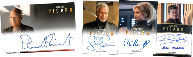 Autograph card images of Stewart, de Lancie, Hurd and Speleers